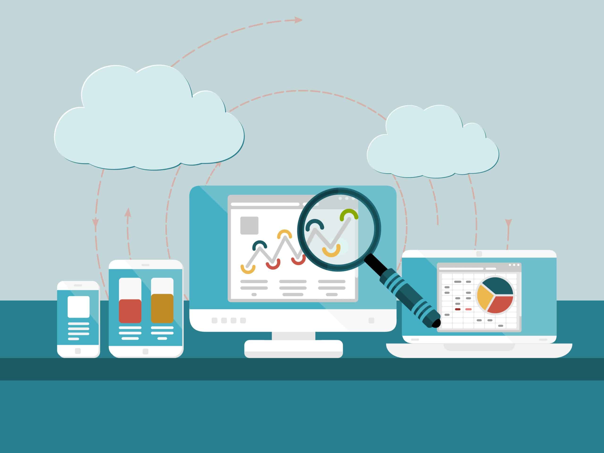 an illustrated vector of a computer screen and a magnifying glass symbolizing an extensive web search analysis. In the background are several other mobile devices with graphs and charts on their screen. There is no real data depicted on these charts.