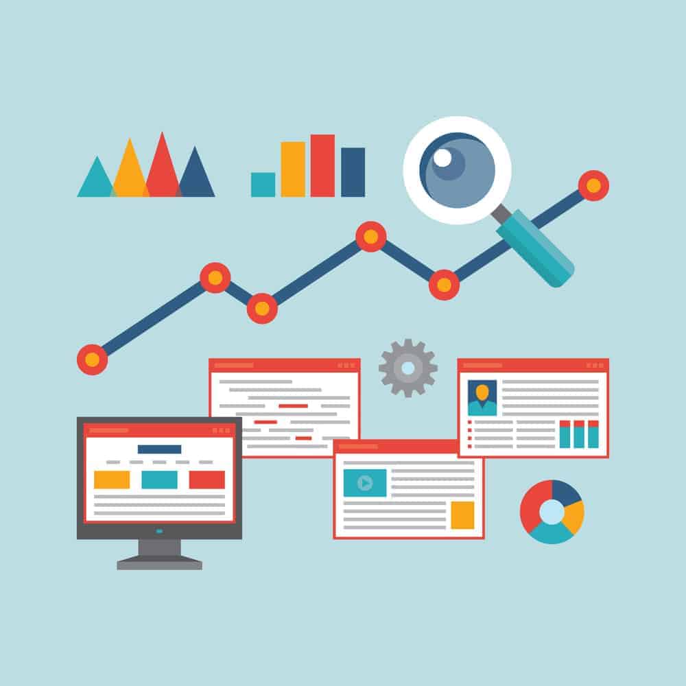 a vector image of computer monitors and a visual graph showing an upward trend representing an increase of website traffic