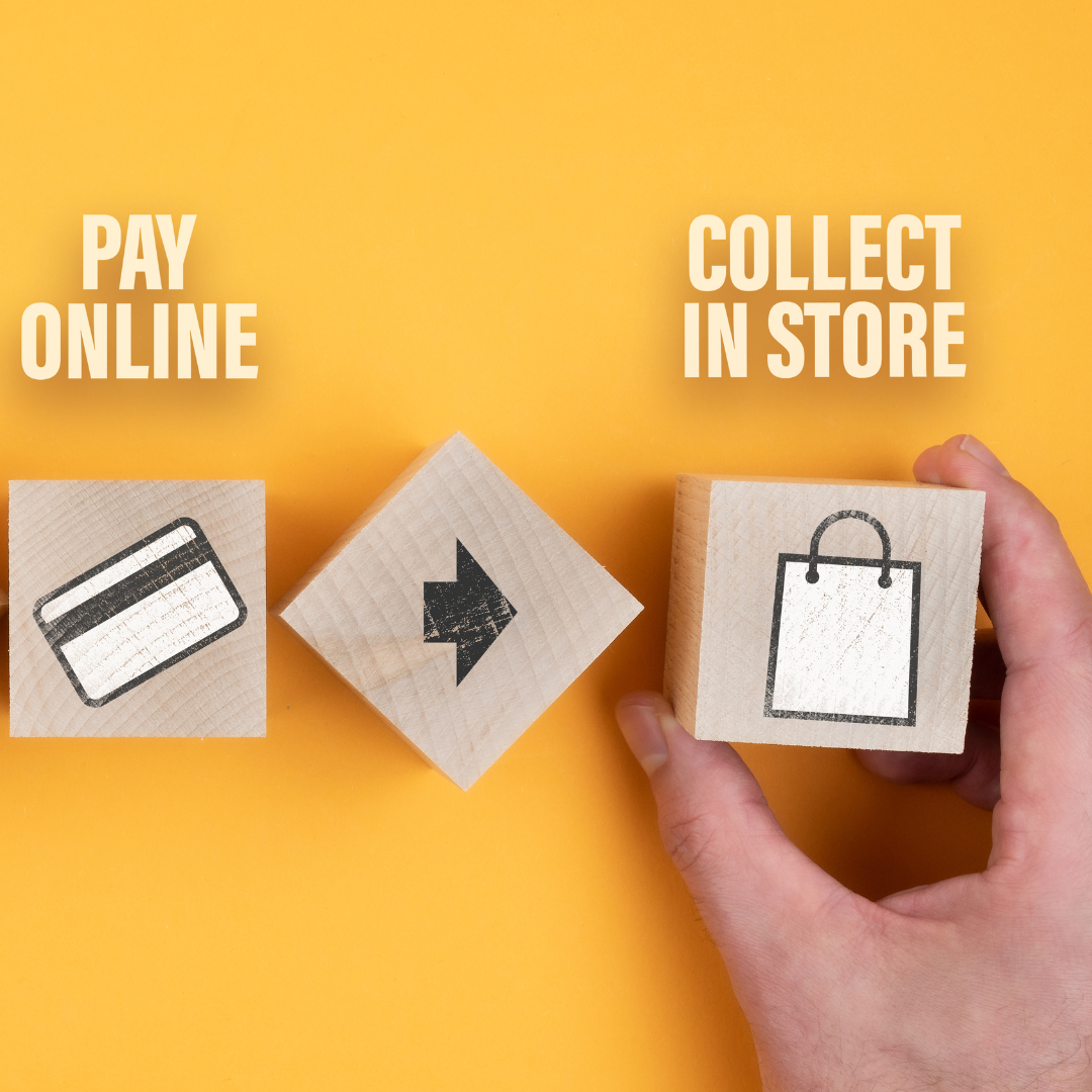 pay online and collect in store depiction using wooden blocks