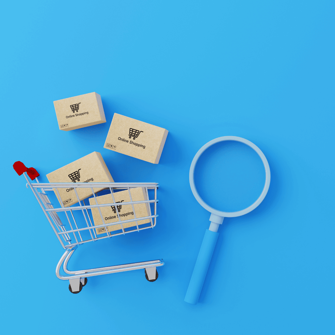 shopping cart with boxes inside against a bright blue background