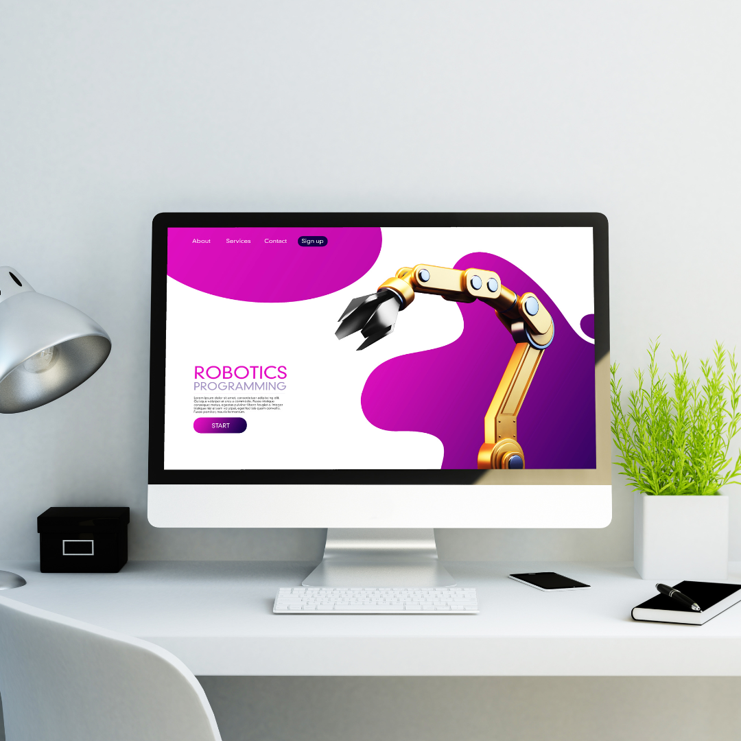 a simple but eyecatching web design of white and purple and the words, robotics, written on the page