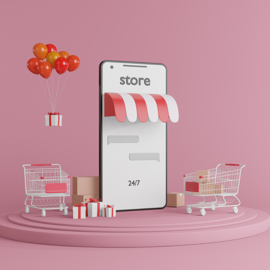 an upright smartphone with a store awning on top to signify shopping online in Bigcommerce stores. Carts, balloons with a gift tied to it, and lots of packages in the background.