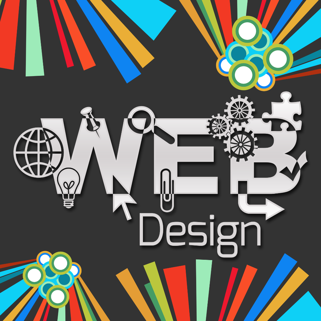 the words 'web design' on a black background with colorful elements decorating the image