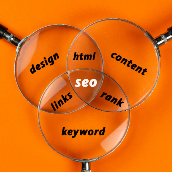 bigcommerce seo essentials diagram composed of three magnifying glass with the word SEO in the middle and all of its elements surrounding it.