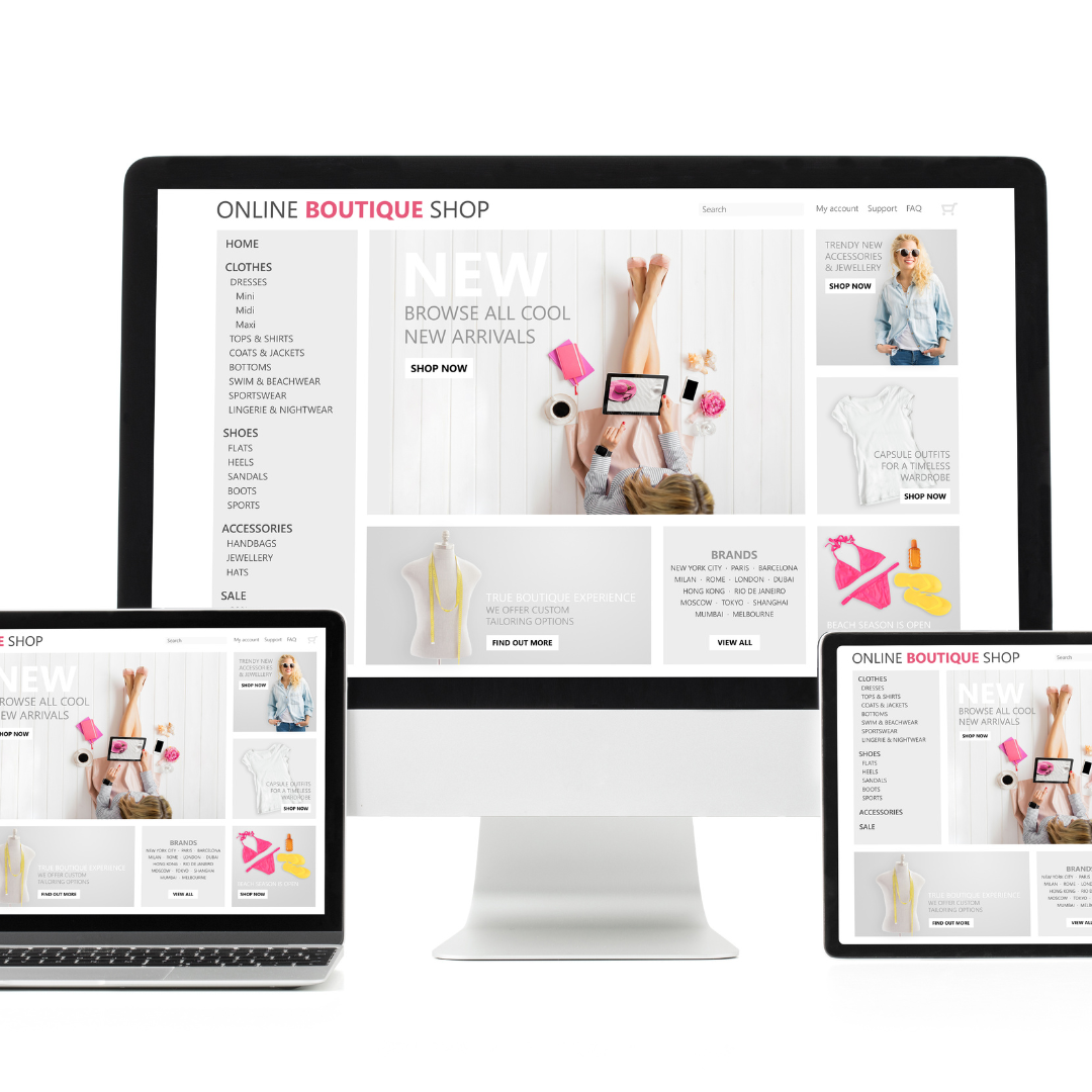 a responsive website shown on a laptop, tablet, and mobile phone. Symbolizes Bigcommerce themes that are adapative