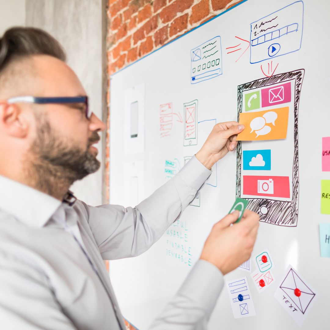 A BigCommerce website designer planning the website UX layout on a whiteboard