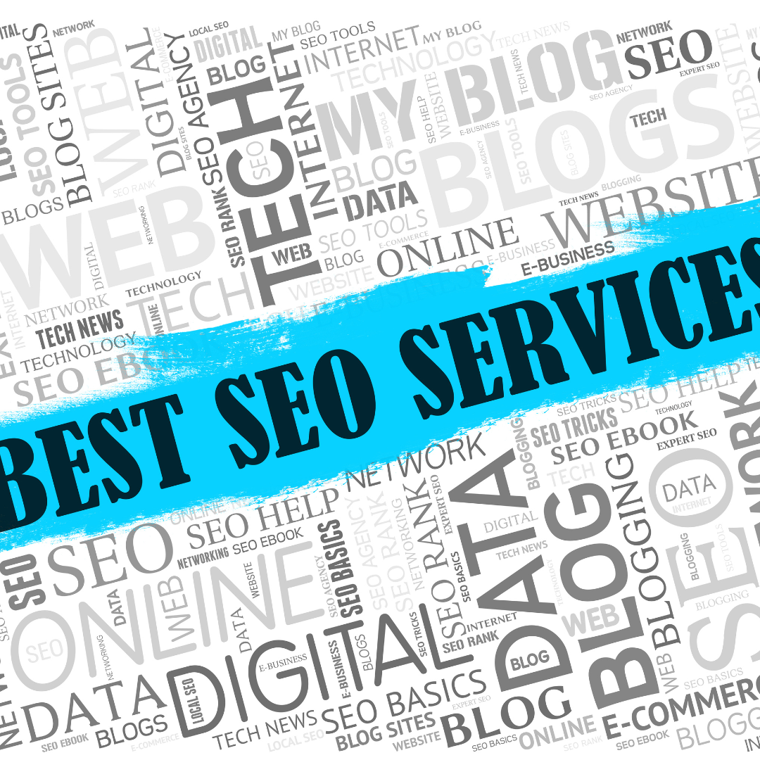 Word cloud of the different elements in BigCommerce SEO services as the backdrop. On the front is BEST SEO SERVICES