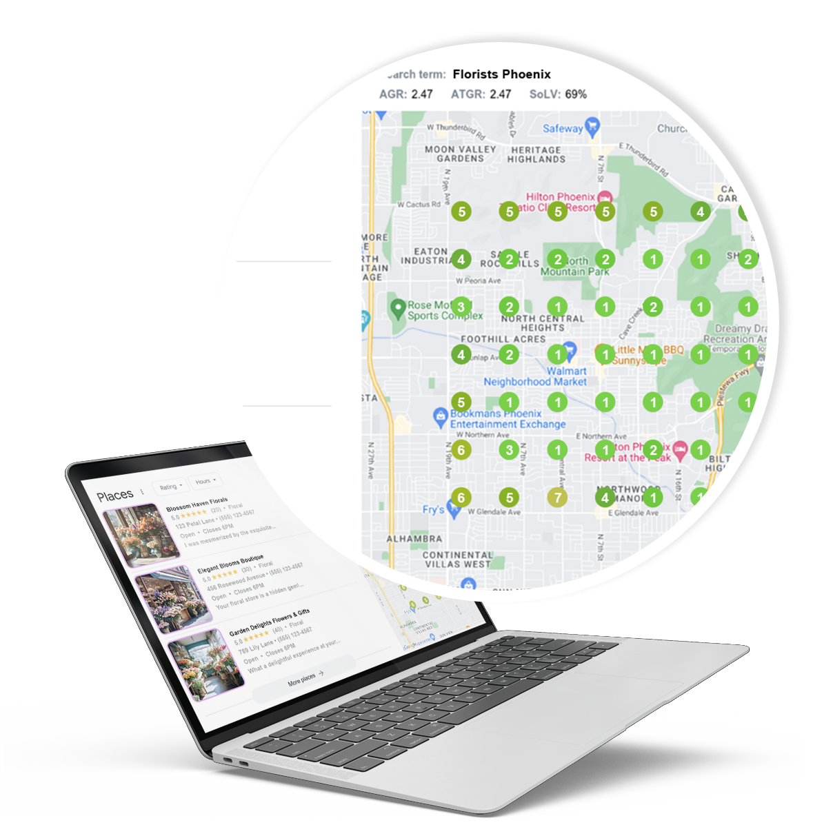 Computer screen displaying a search engine results page for 'Florists Phoenix' with a map view of business locations on the right and a list of floral shops with ratings and hours on the left, highlighting the capabilities of EPIC SEO