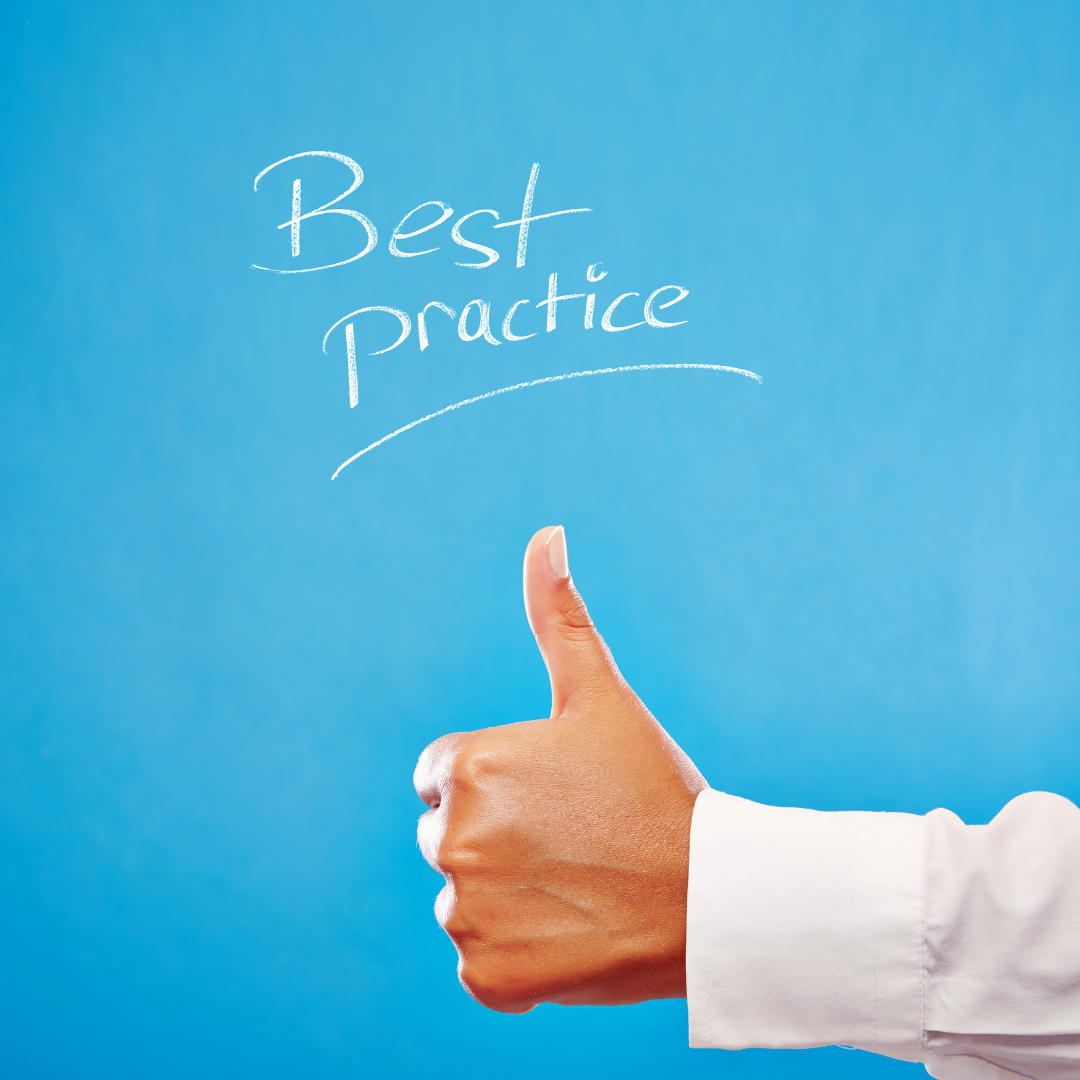 A blue background with 'Best Practice' written on it and a hand doing a thumbs up sign in front