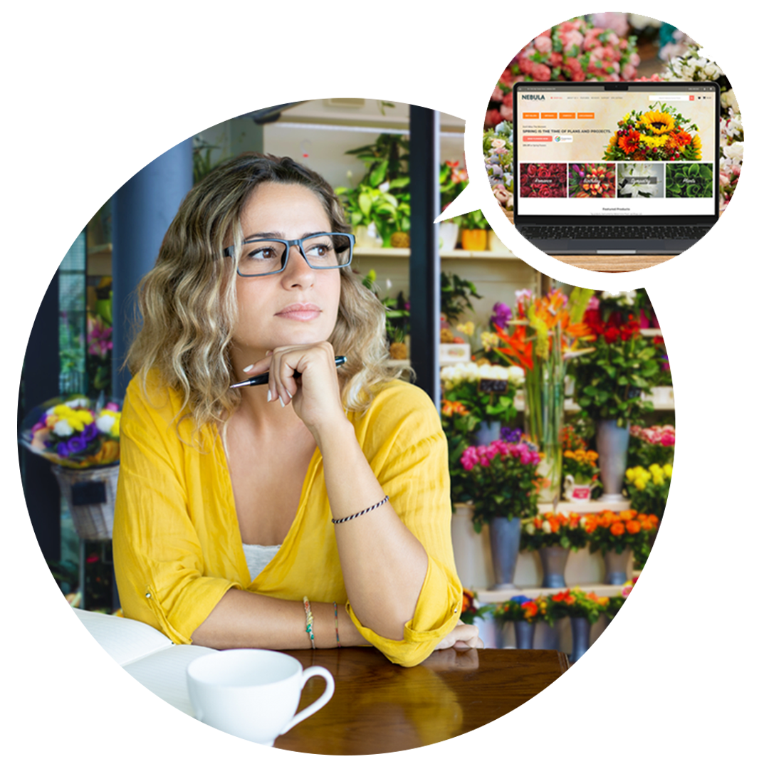 Florist thinking about launching a website, with a laptop shop in a thought bubble. Florist thinking about launching a website, with a laptop shop in a thought bubble.