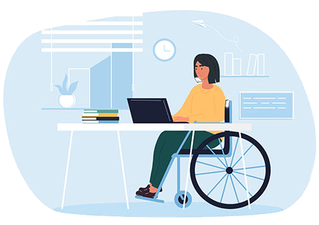 Illustration of woman using a laptop in a wheelchair at a home desk, with books, window blinds, and a wall clock behind.