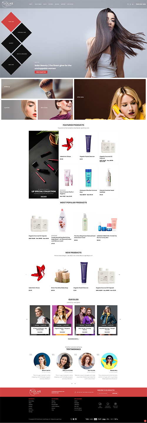 Full-page Solar Beauty website mockup with minimalist decor hero, product listings, new items, customer reviews, and footer.