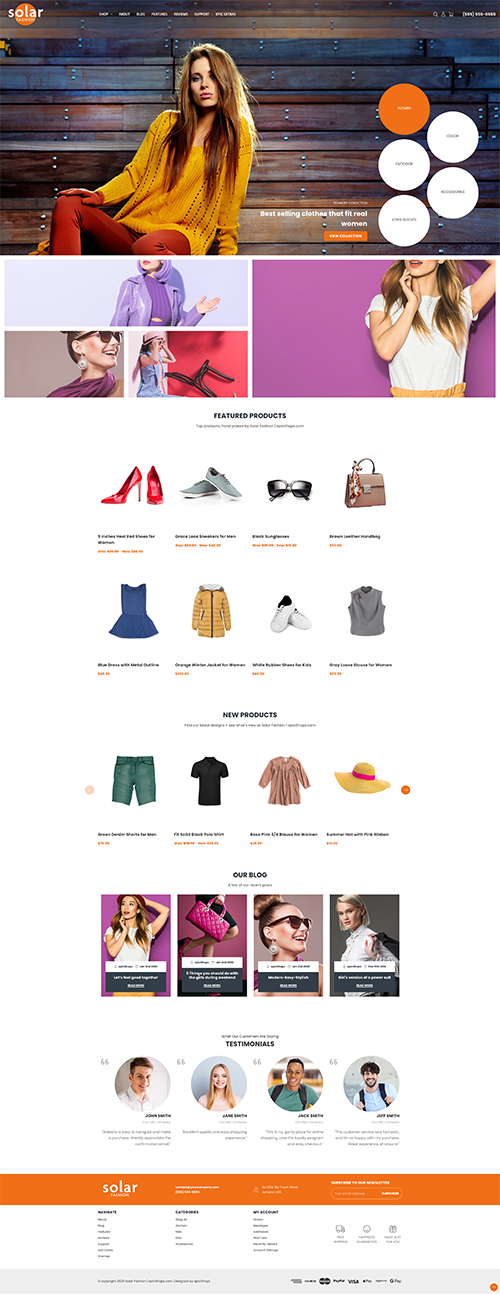 Full-page Solar Fashion website mockup with minimalist decor hero, product listings, new items, customer reviews, and footer.