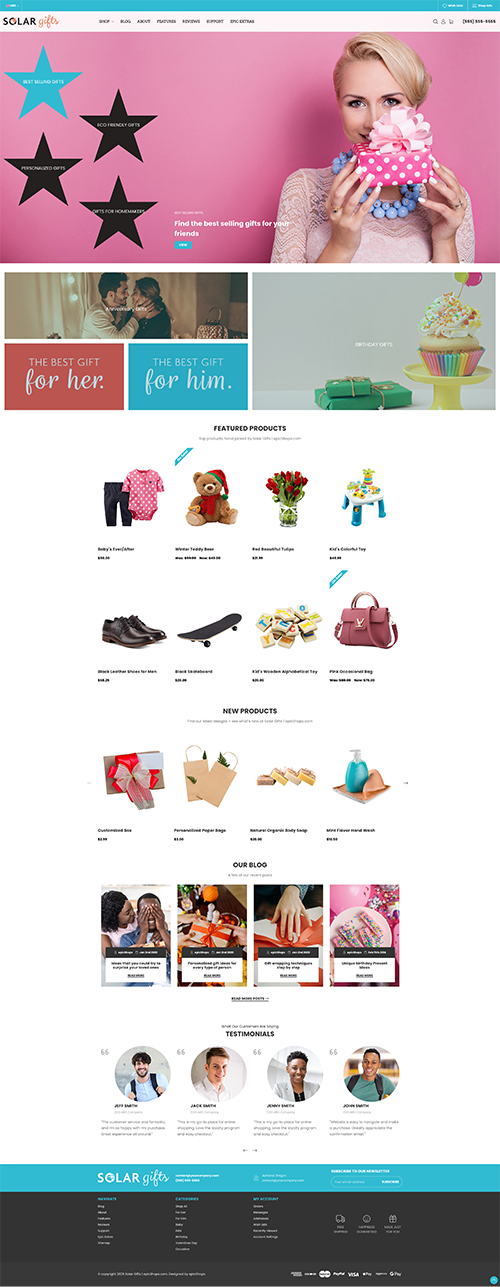 Full-page Solar Gift website mockup with minimalist decor hero, product listings, new items, customer reviews, and footer.