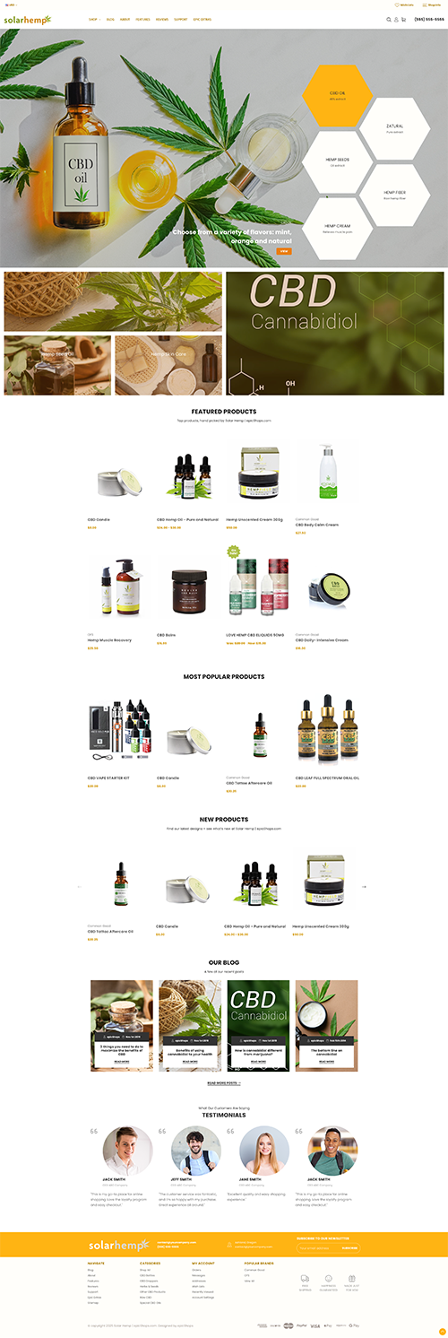 Full-page Solar Hemp website mockup with minimalist decor hero, product listings, new items, customer reviews, and footer.