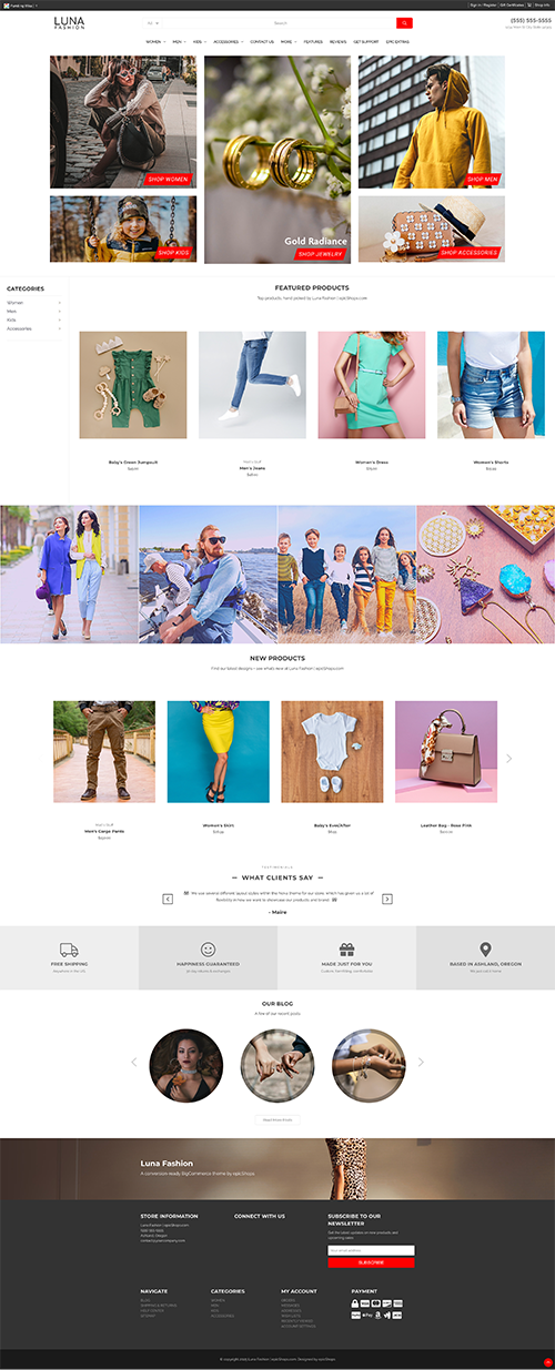 Full-page Luna Fashion website mockup with minimalist decor hero, product listings, new items, customer reviews, and footer.