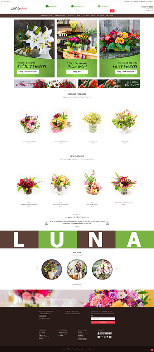 Full-page Luna Flora website mockup with minimalist decor hero, product listings, new items, customer reviews, and footer.