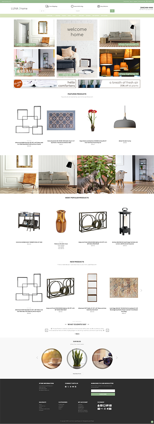 Full-page Luna Home website mockup with minimalist decor hero, product listings, new items, customer reviews, and footer.