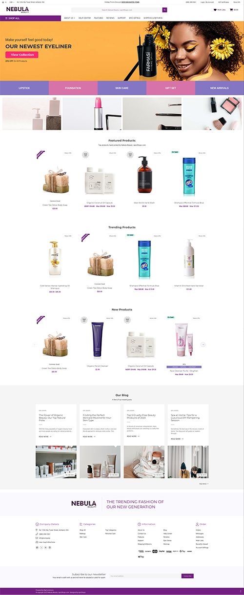 Full-page Polaris Hemp website mockup with minimalist decor hero, product listings, new items, customer reviews, and footer.