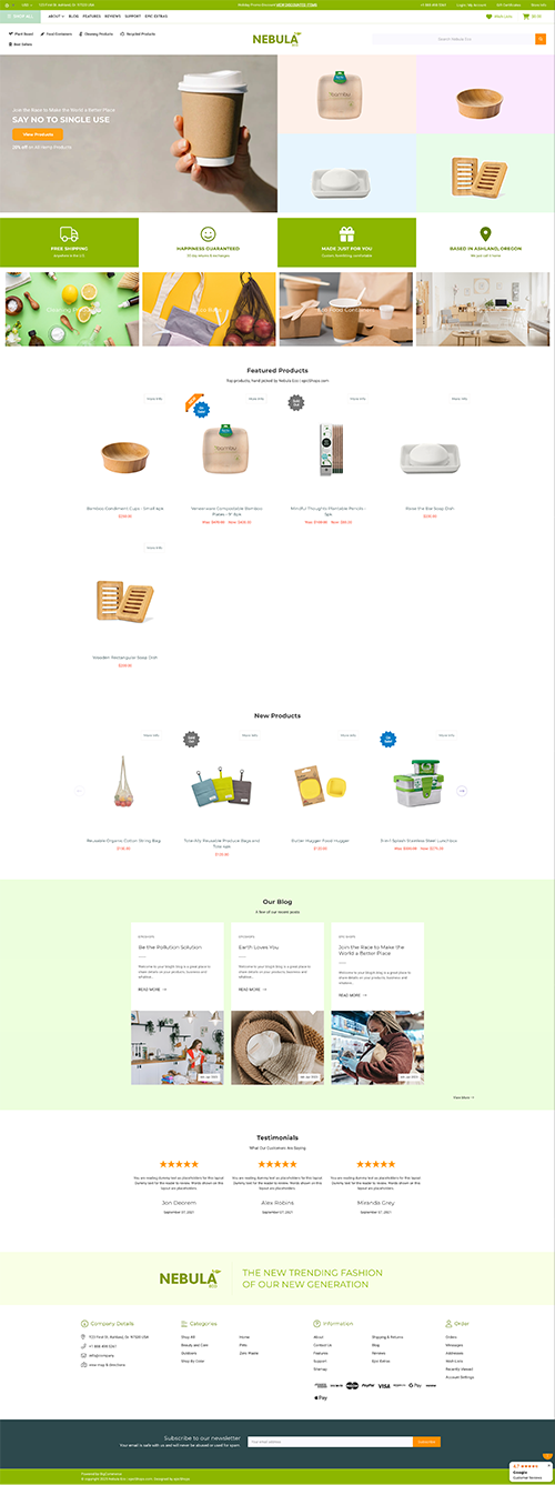 Full-page Polaris Fashion website mockup with minimalist decor hero, product listings, new items, customer reviews, and footer.