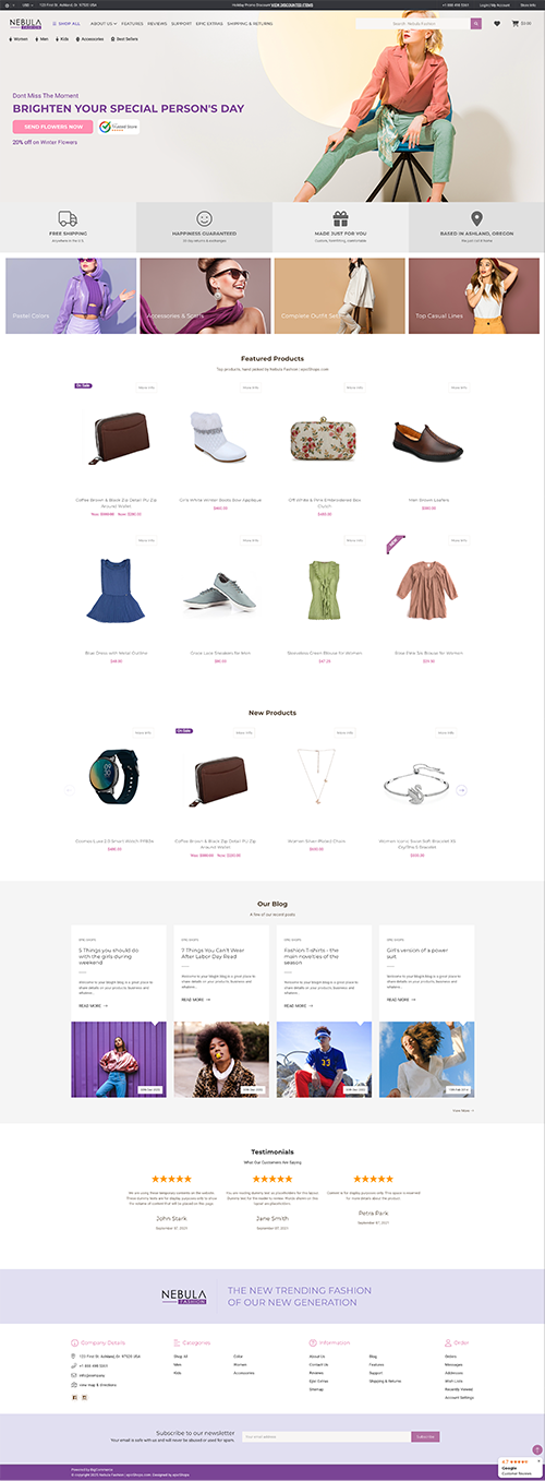 Full-page Polaris Home website mockup with minimalist decor hero, product listings, new items, customer reviews, and footer.