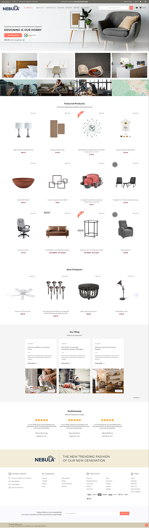 Full-page Polaris Beauty website mockup with minimalist decor hero, product listings, new items, customer reviews, and footer.