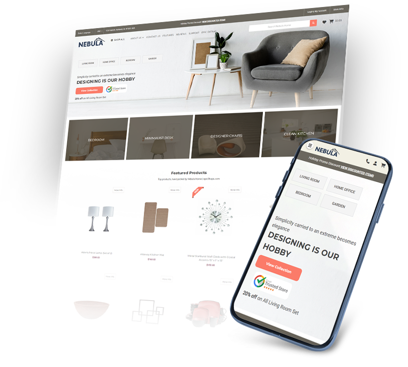 NEBULA website mockup with matching mobile screen, showcasing modern furniture hero and product grid. NEBULA website mockup with matching mobile screen, showcasing modern furniture hero and product grid.