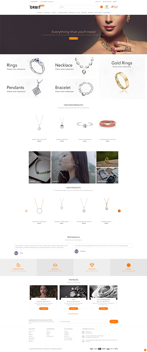 Full-page Orbit Fashion website mockup with minimalist decor hero, product listings, new items, customer reviews, and footer.