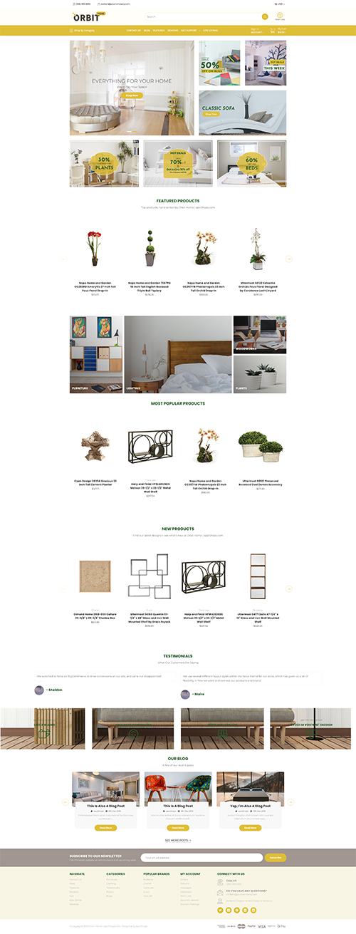 Full-page Orbit Home website mockup with minimalist decor hero, product listings, new items, customer reviews, and footer.