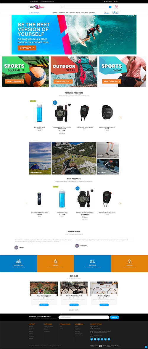 Full-page Orbit Sport website mockup with minimalist decor hero, product listings, new items, customer reviews, and footer.