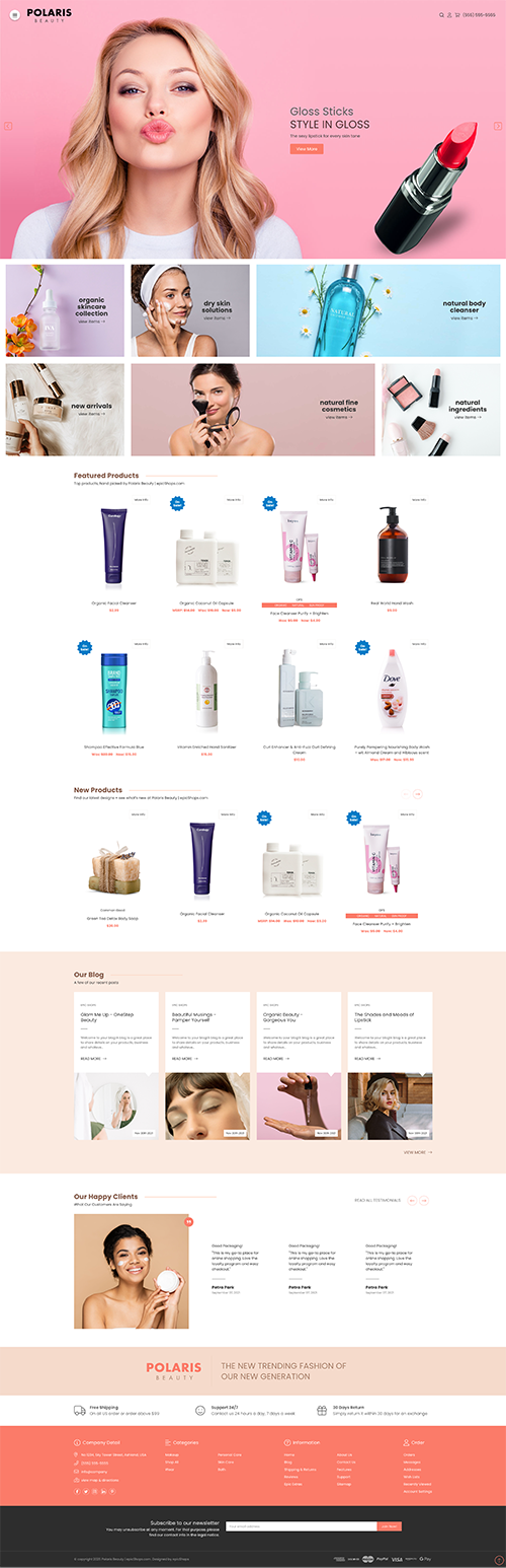 Full-page Polaris Beauty website mockup with minimalist decor hero, product listings, new items, customer reviews, and footer.