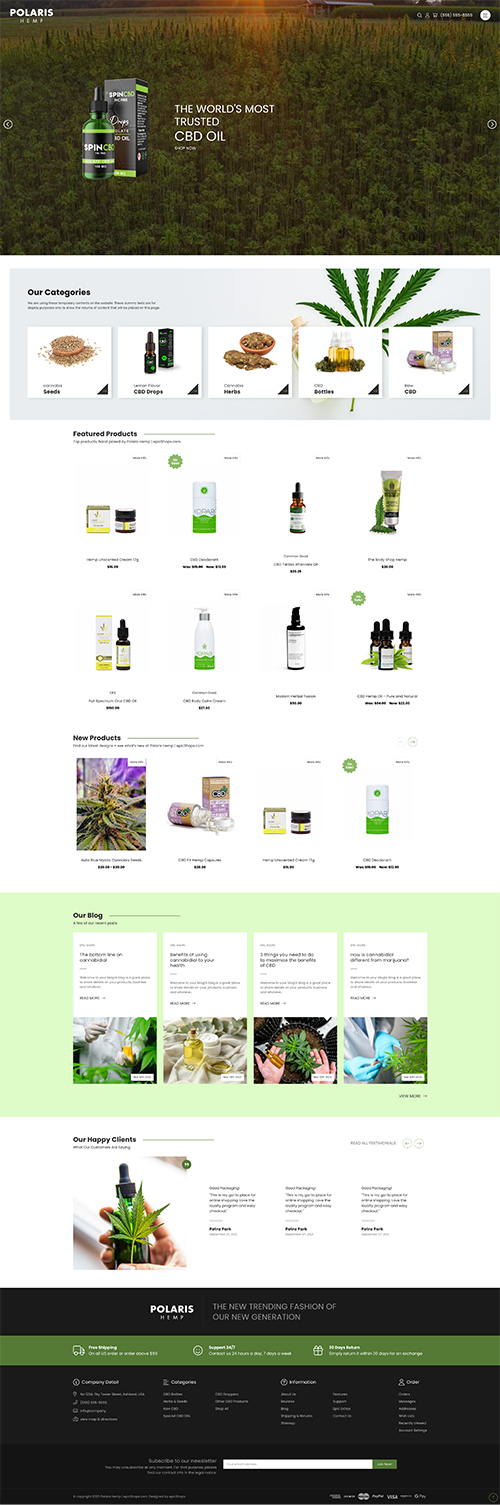 Full-page Polaris Hemp website mockup with minimalist decor hero, product listings, new items, customer reviews, and footer.