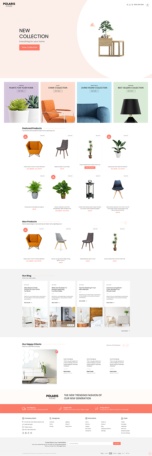 Full-page Polaris Home website mockup with minimalist decor hero, product listings, new items, customer reviews, and footer.