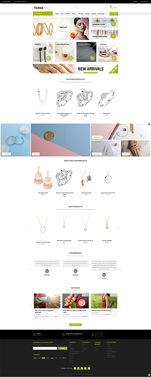 Full-page Terra Fashion website mockup with minimalist decor hero, product listings, new items, customer reviews, and footer.