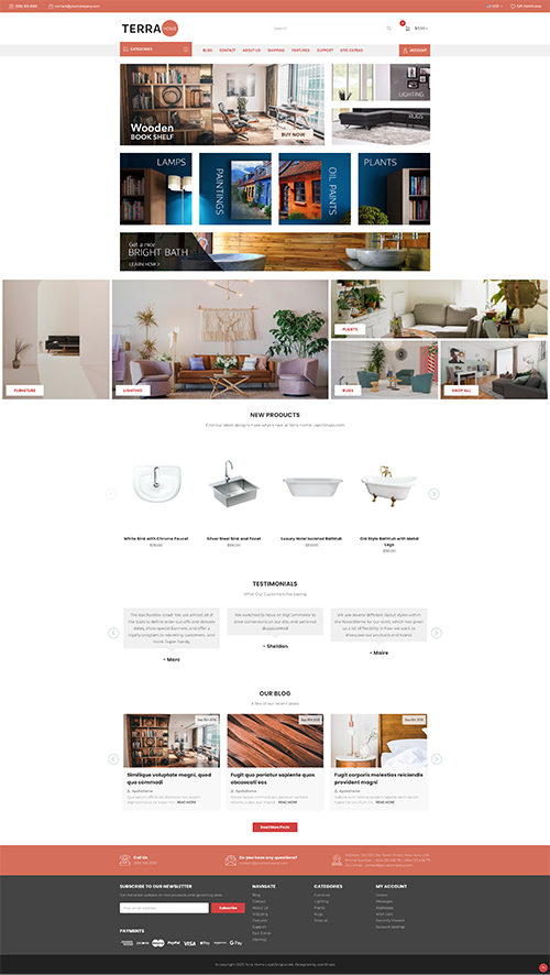 Full-page Terra Home website mockup with minimalist decor hero, product listings, new items, customer reviews, and footer.