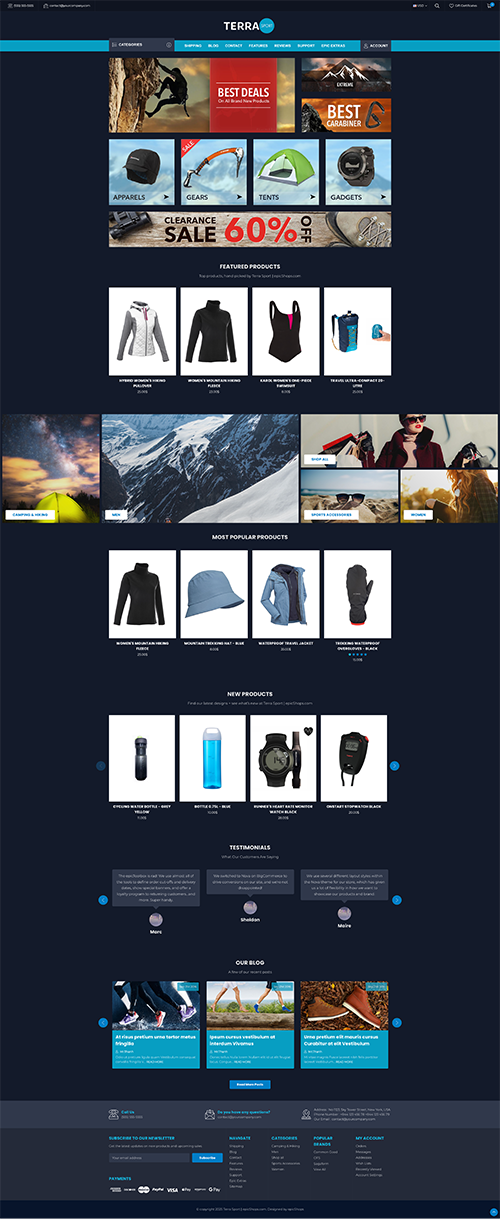 Full-page Terra Sport website mockup with minimalist decor hero, product listings, new items, customer reviews, and footer.