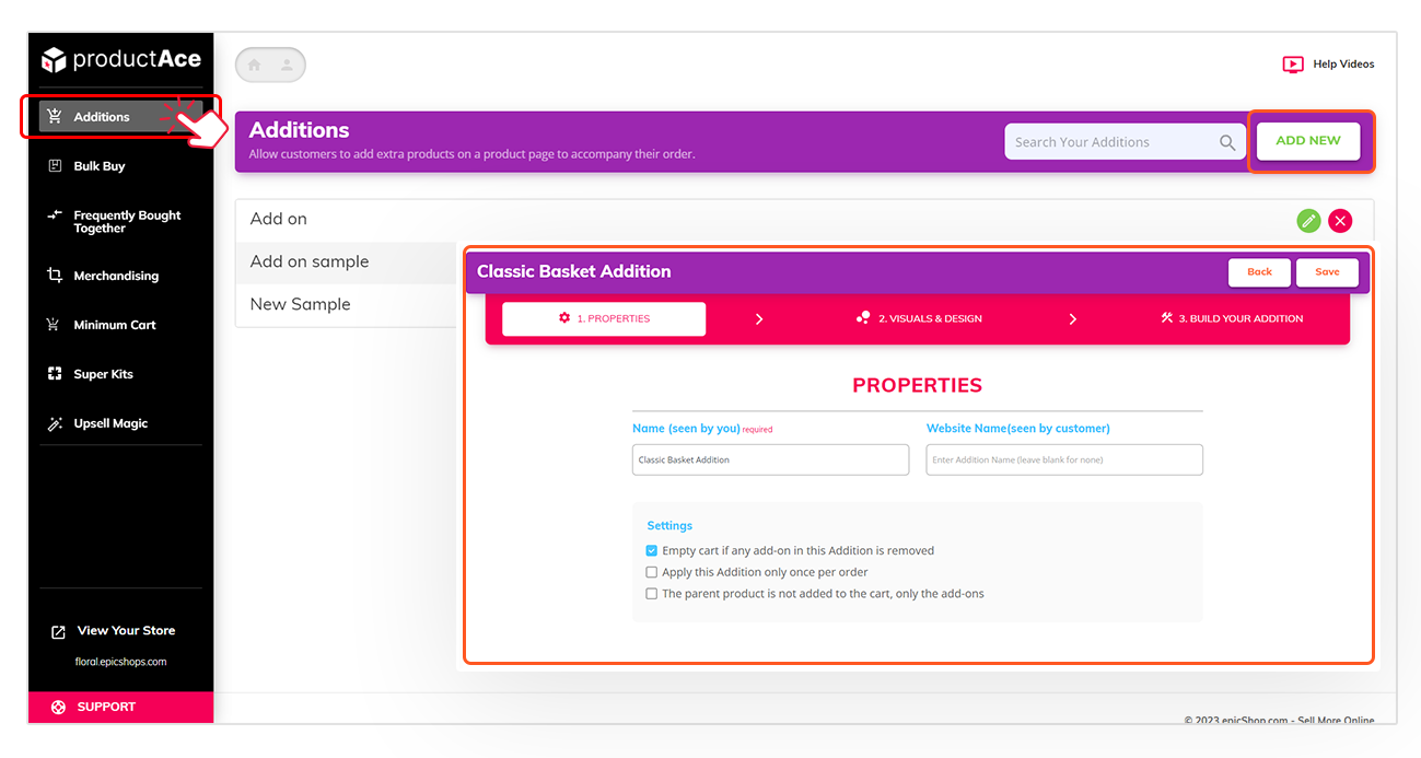 productAce Additions screen with “Classic Basket Addition” properties open; “Add New” and Additions tab highlighted.