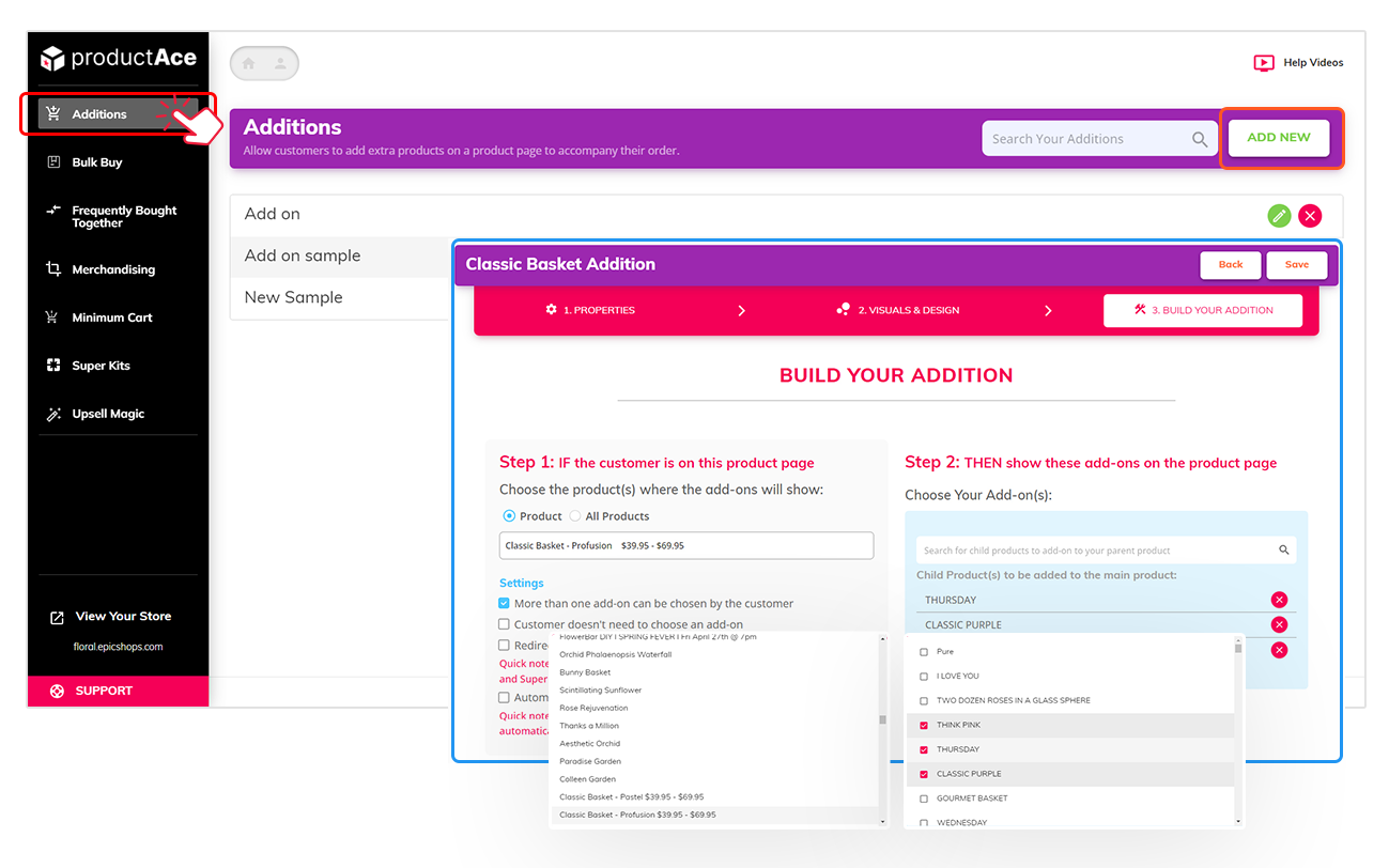 productAce Additions—‘Build Your Addition’ step with product and add-on selectors; ADD NEW button highlighted.
