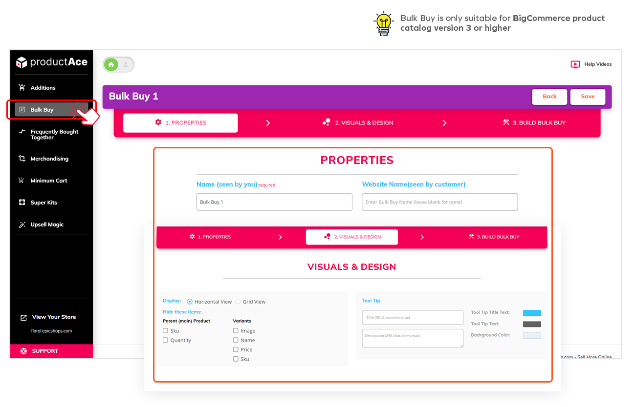productAce Bulk Buy setup screen with Properties form and Visuals & Design; Bulk Buy menu and Save button highlighted.