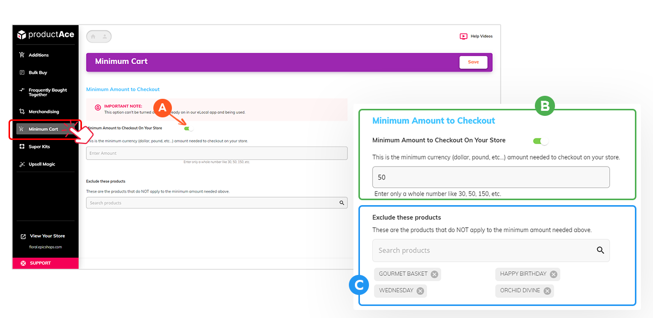 productAce Minimum Cart settings with toggle on, $50 minimum field, excluded products list, and Save button.
