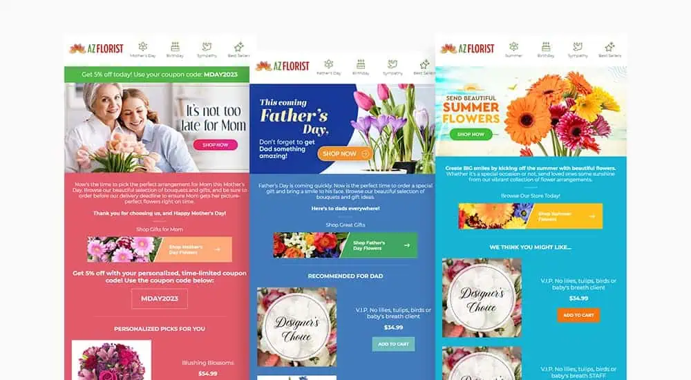 Side-by-side email templates showing AZ Florist campaigns with bouquet photos, discount banners, and recommendations.