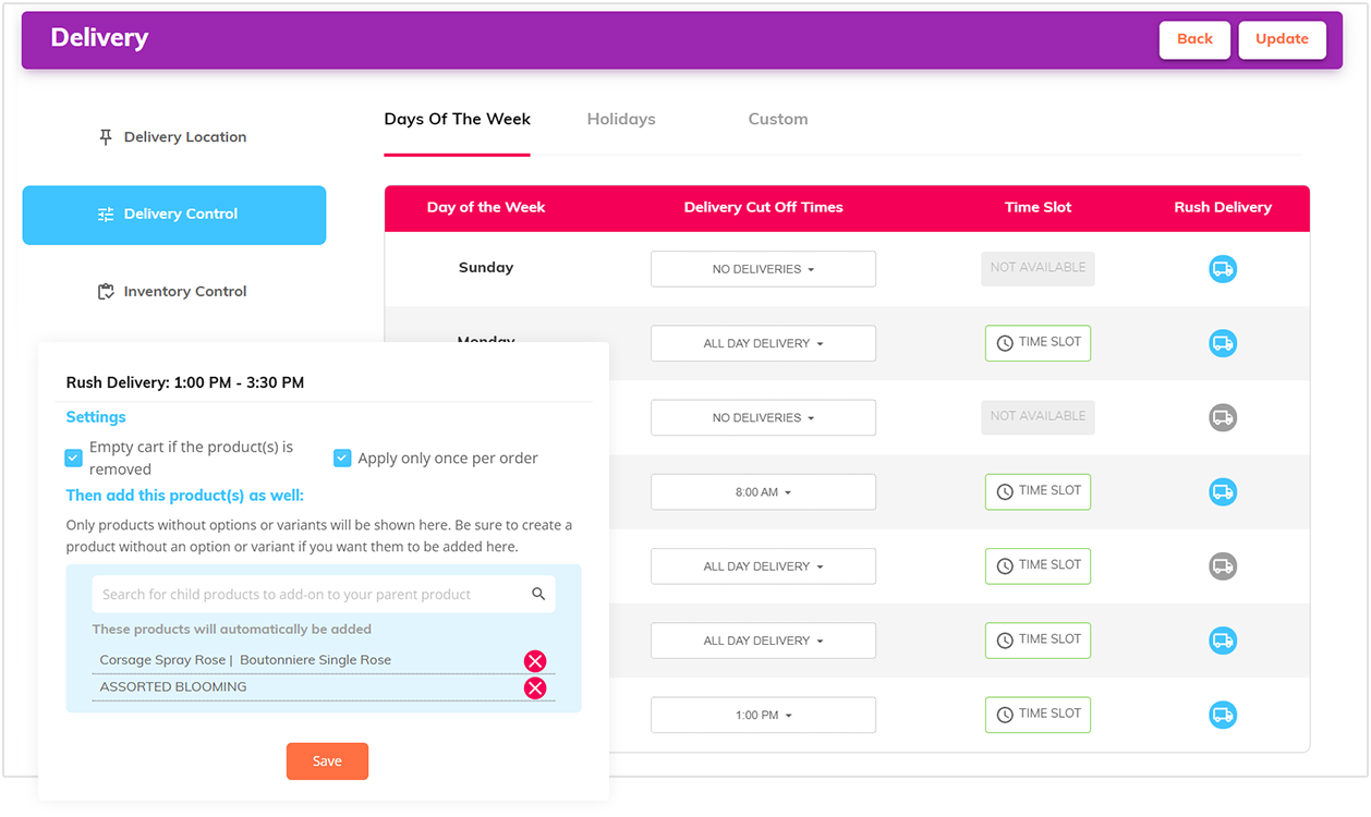 Delivery Control screen with Days of the Week grid, Time Slot buttons, and a Rush Delivery modal to add products and settings.