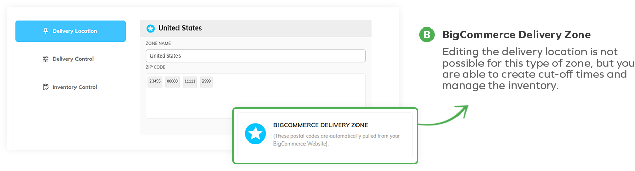 Delivery Location detail for a BigCommerce Delivery Zone showing ZIP codes auto-pulled; editing disabled but controls available.
