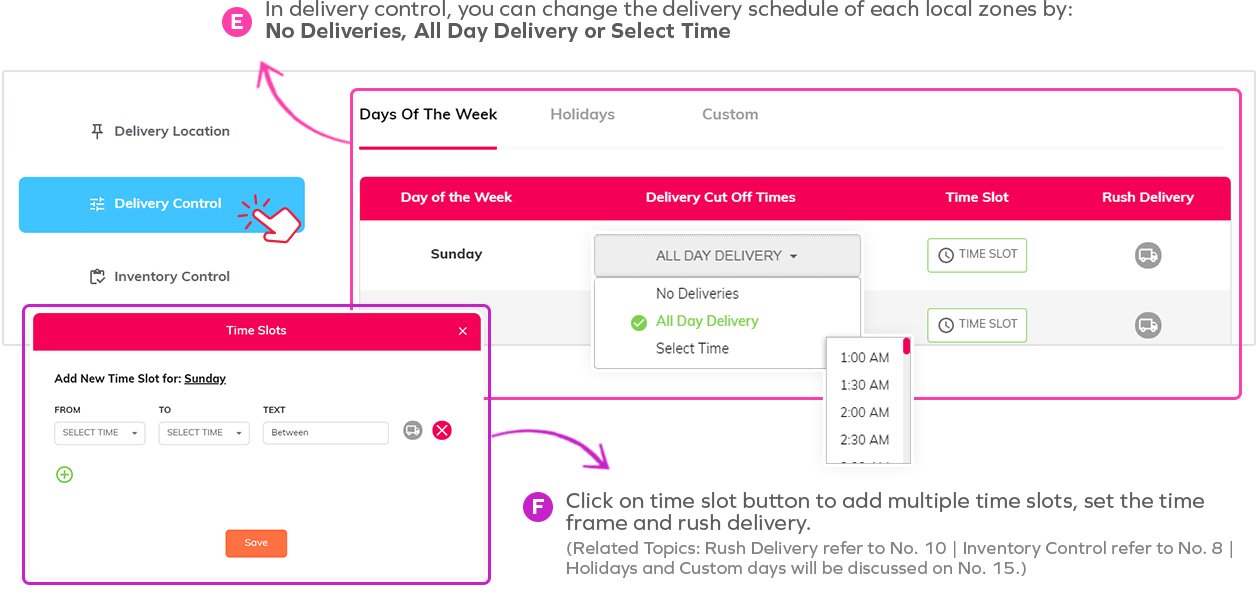 Panel shows Sunday with dropdown for cut-off times, buttons to add time slots, and rush delivery toggle; includes Holidays/Custom tabs.
