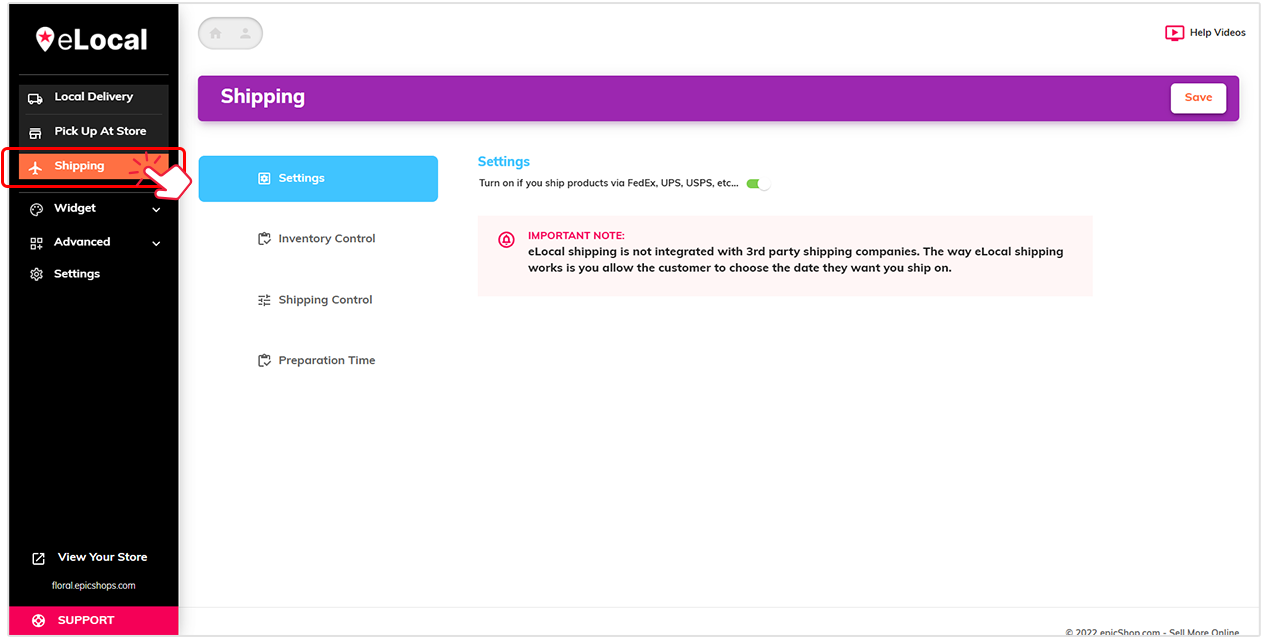 eLocal Shipping settings screen with toggle to enable shipping and notice about choosing shipment dates; sidebar tabs on left.