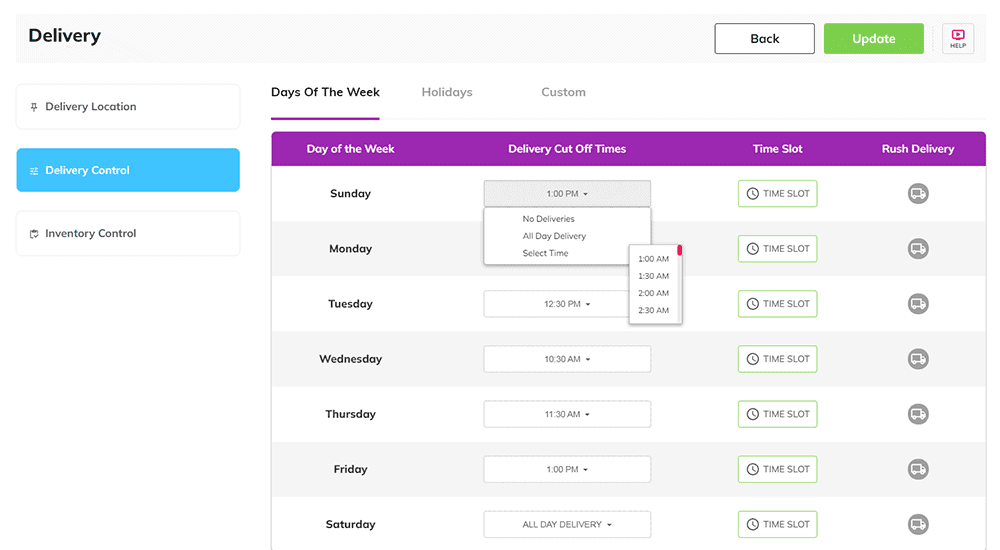 Delivery Control screen with weekly table; cut-off menu open, plus Time Slot buttons and Rush Delivery icons.