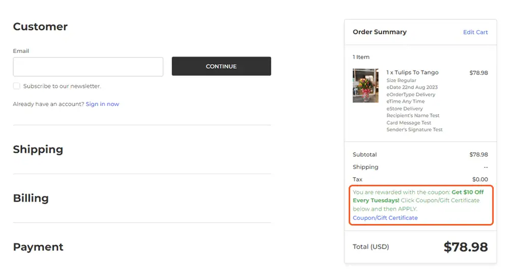 Checkout page with email field and order summary; coupon message highlighted; total $78.98.