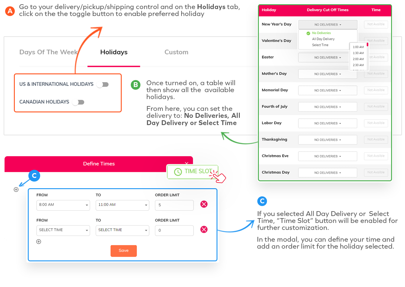 Holiday settings: enable US/Canada holidays; set No Deliveries, All Day, or Select Time; add time slots with order limits.