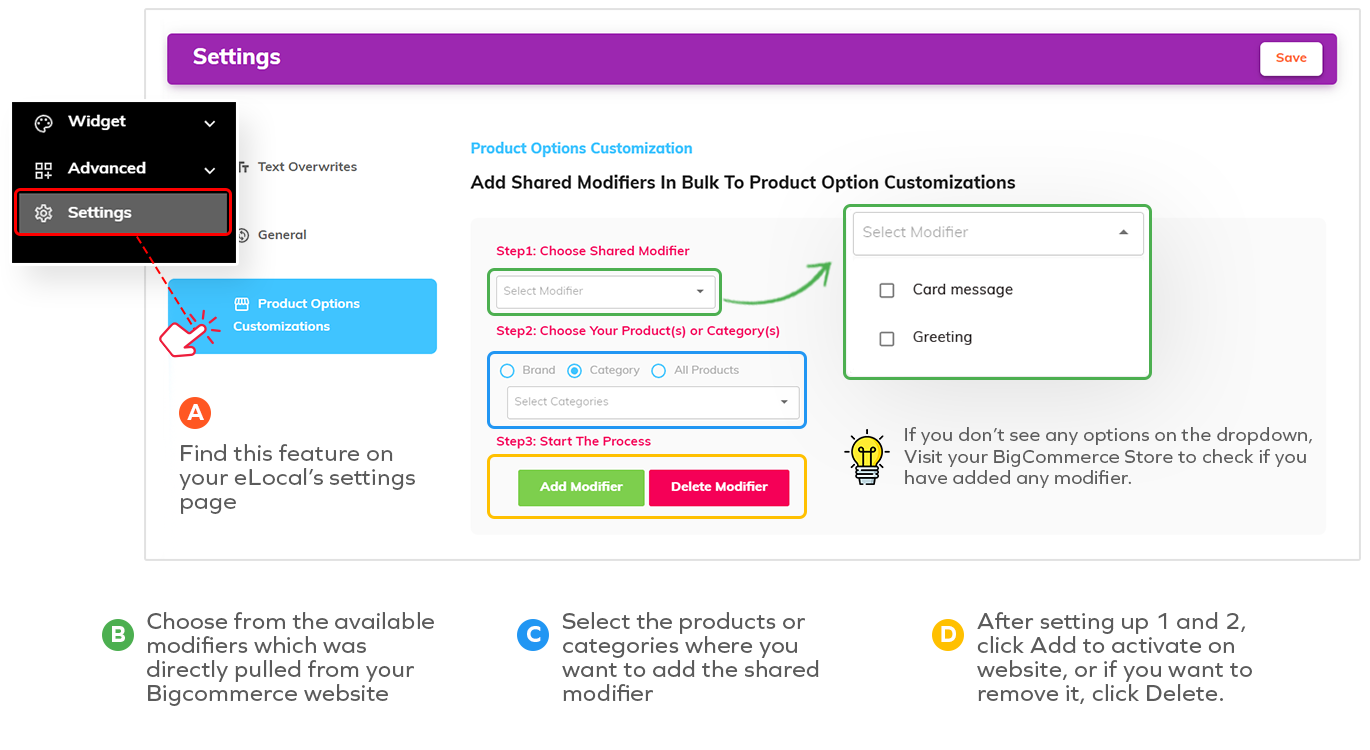 eLocal Settings—Product Options: choose a modifier, select products or categories, then Add or Delete.