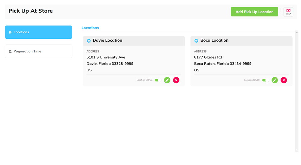 Pick Up At Store page listing Davie and Boca locations with addresses, edit/delete buttons, and On/Off toggles.